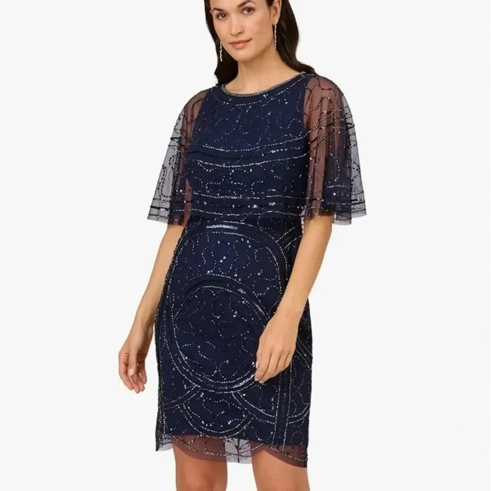 NWT Adrianna Papell Sparkle Beaded Mesh Popover Dress Cocktail Evening Navy Sz 4